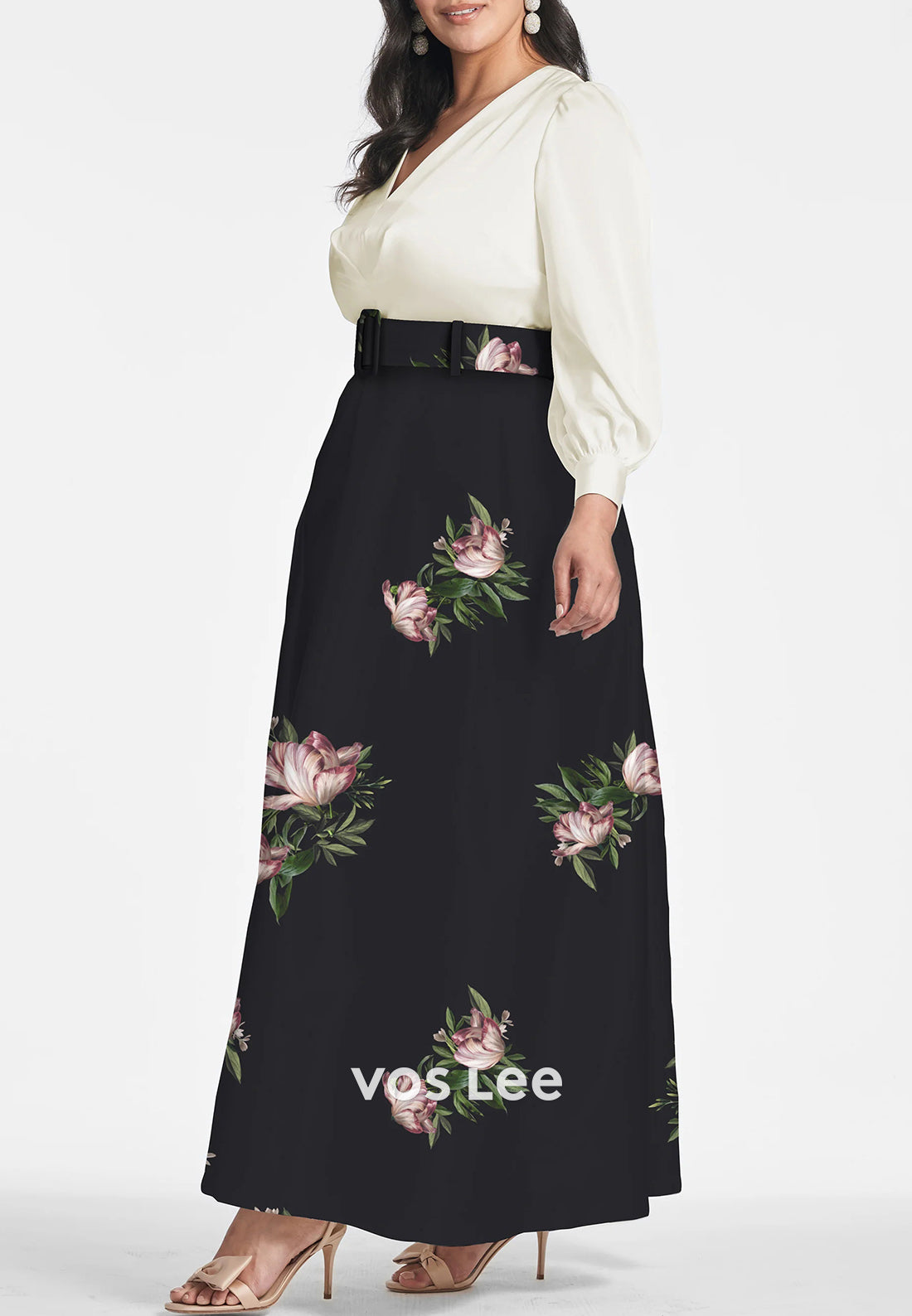A-Line Long Sleeve V Neck Floral Embellished Pleated Wedding Guest Dresses with High Split