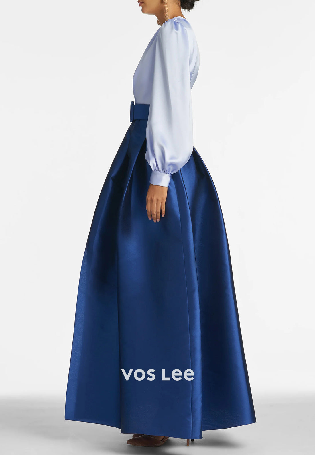 A-Line Long Sleeve V Neck Floor-Length Pleated Mother of Bride Dresses with Pockets