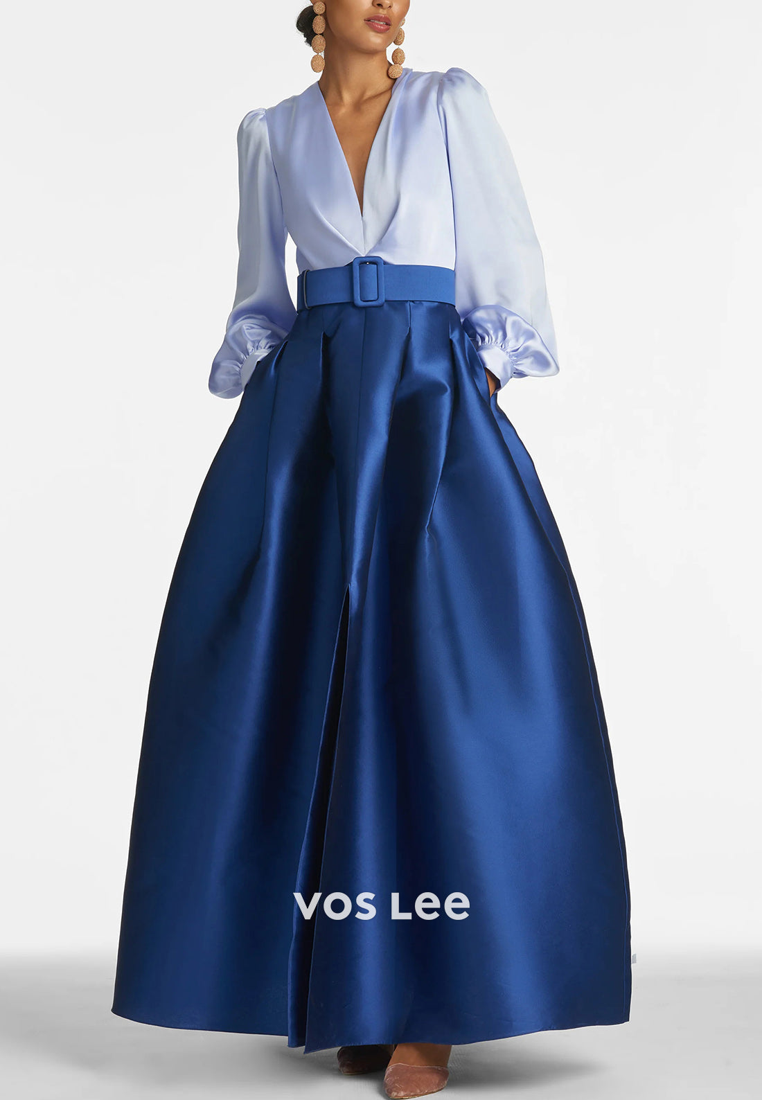 A-Line Long Sleeve V Neck Floor-Length Pleated Mother of Bride Dresses with Pockets