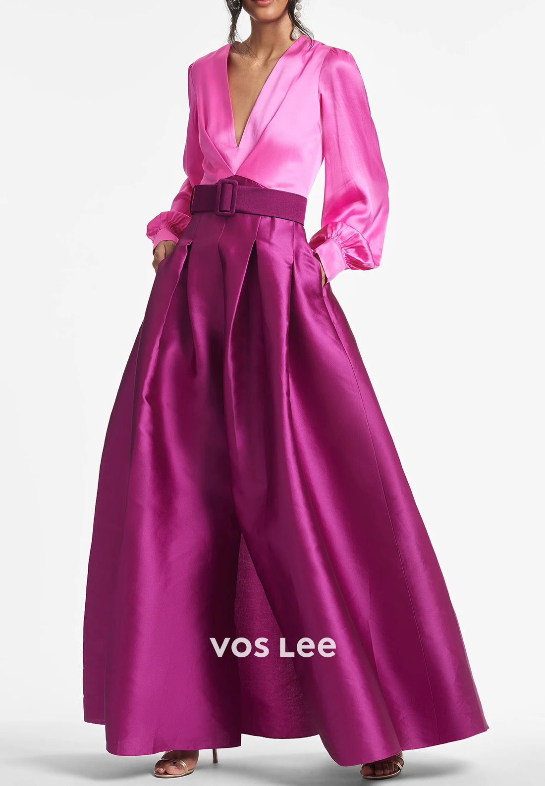 A-Line Long Sleeve V Neck Floor-Length Pleated Mother of Bride Dresses with Pockets