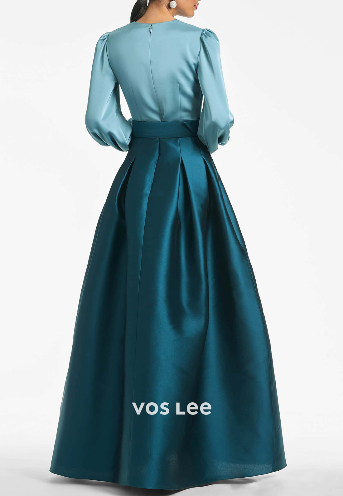 A-Line Long Sleeve V Neck Floor-Length Pleated Mother of Bride Dresses with Pockets