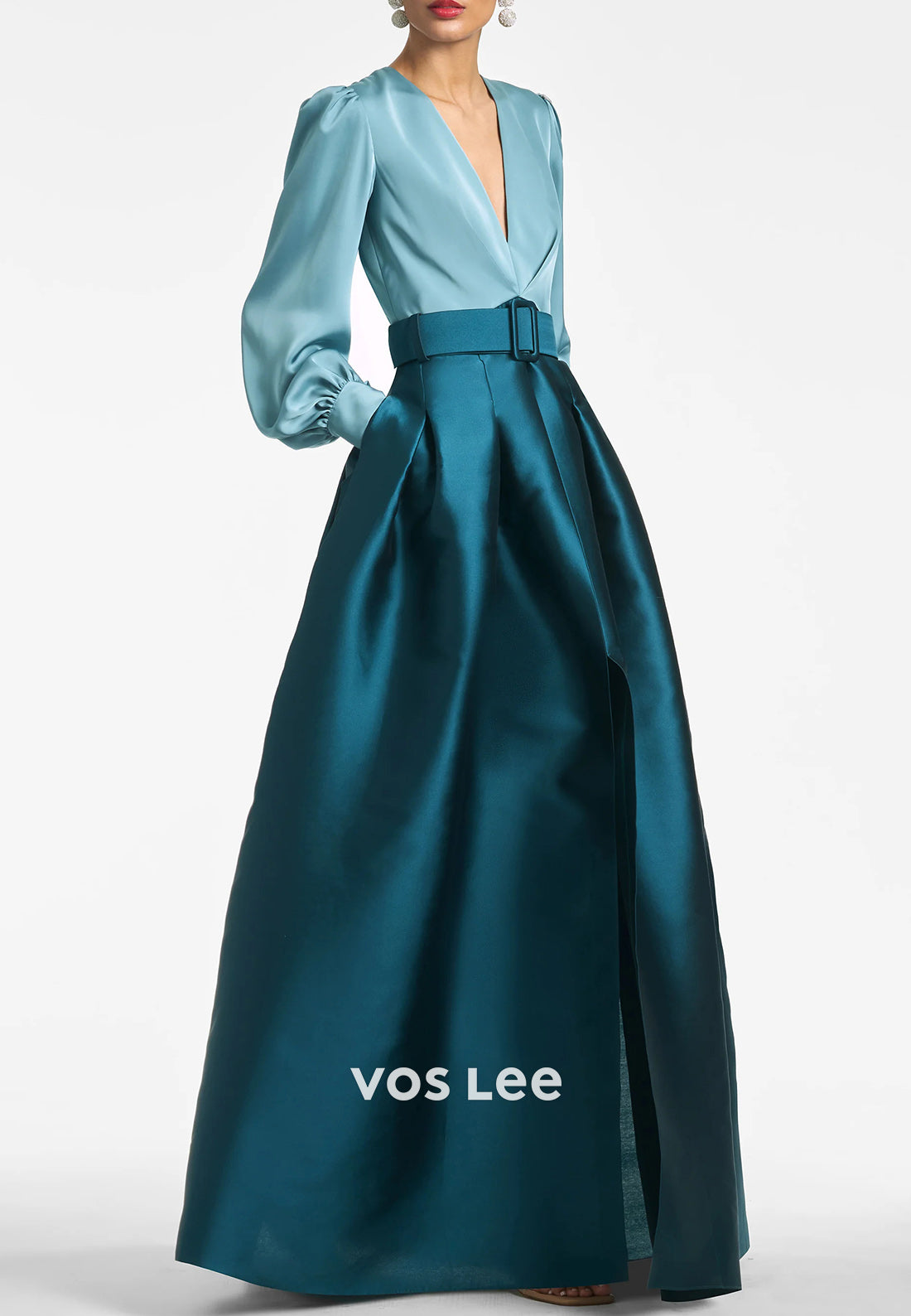 A-Line Long Sleeve V Neck Floor-Length Pleated Mother of Bride Dresses with Pockets