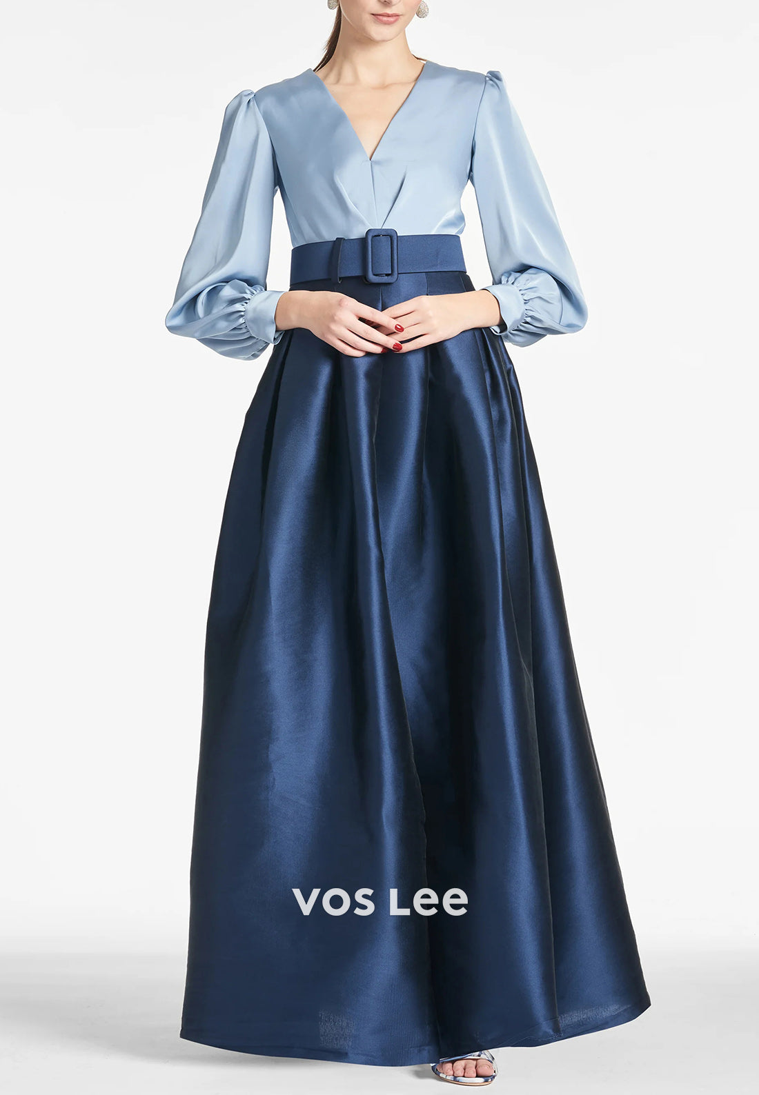 A-Line Long Sleeve V Neck Floor-Length Pleated Mother of Bride Dresses with Pockets