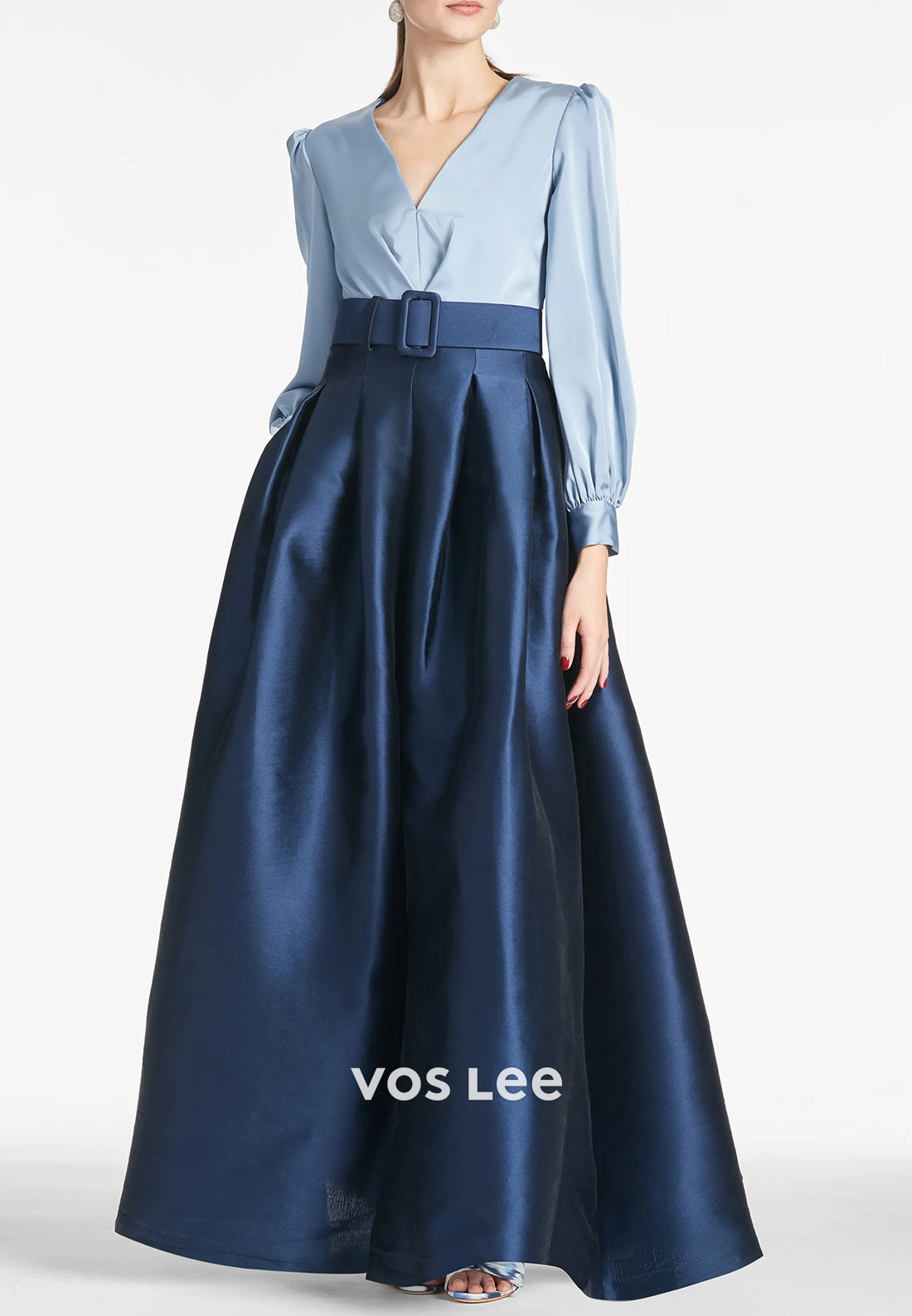 A-Line Long Sleeve V Neck Floor-Length Pleated Mother of Bride Dresses with Pockets