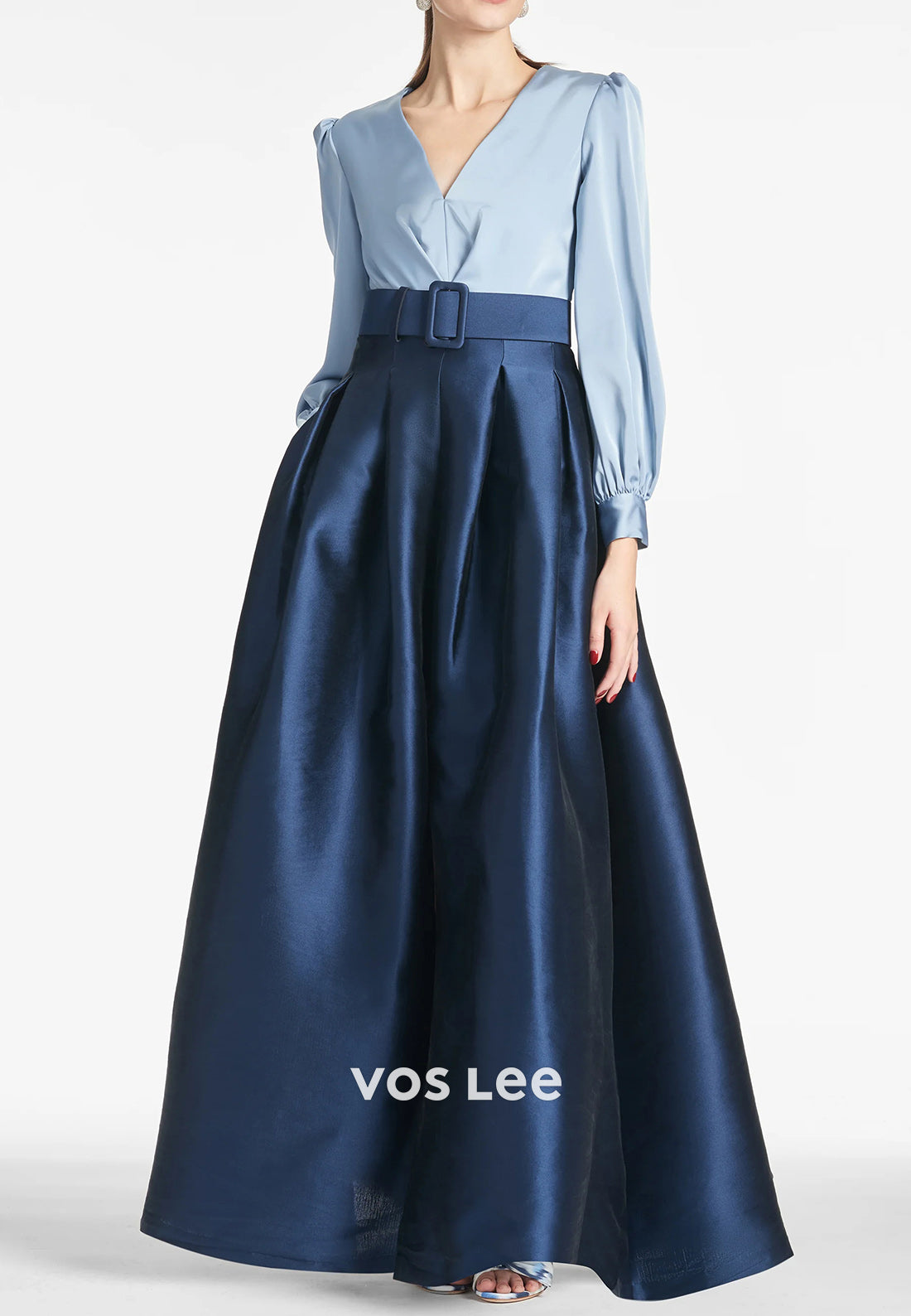 Classic A-Line Long Sleeve V Neck Pleated Wedding Guest Dresses with High Split