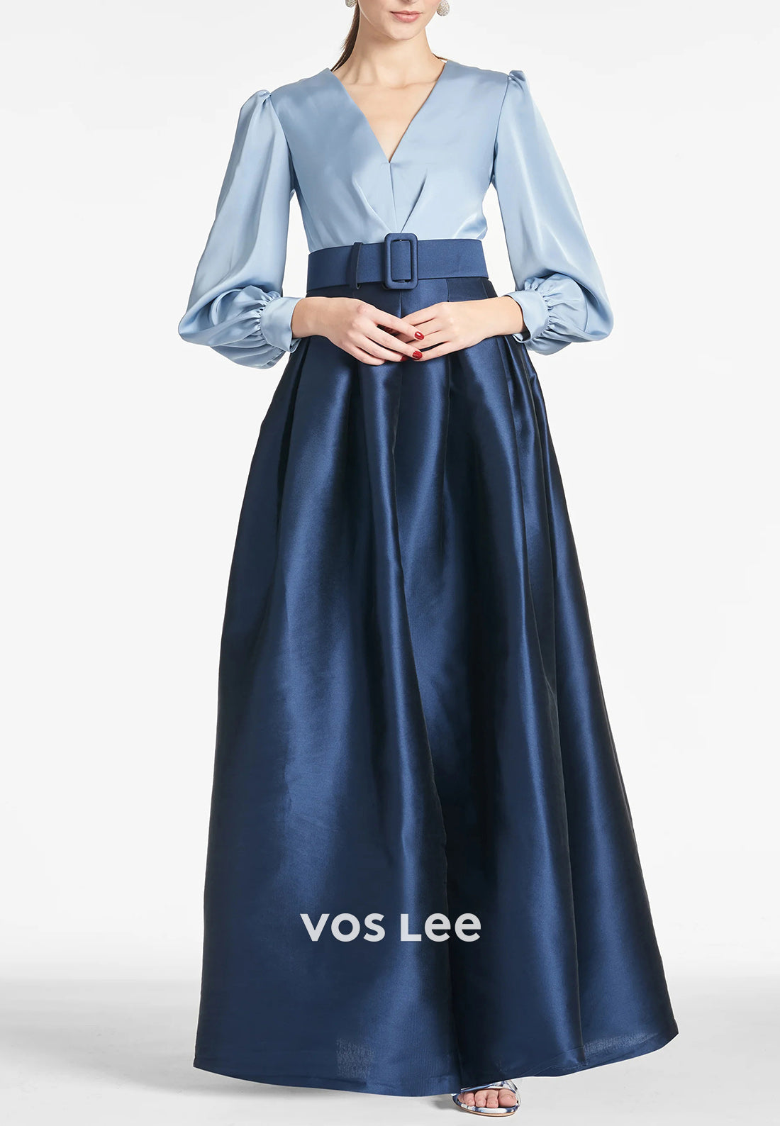 Classic A-Line Long Sleeve V Neck Pleated Wedding Guest Dresses with High Split