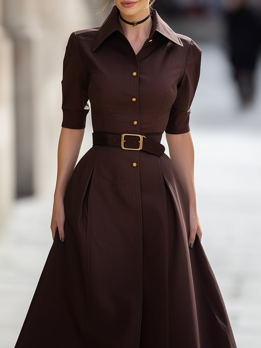 Belted A-Line Shirt Dress With Flared Hem