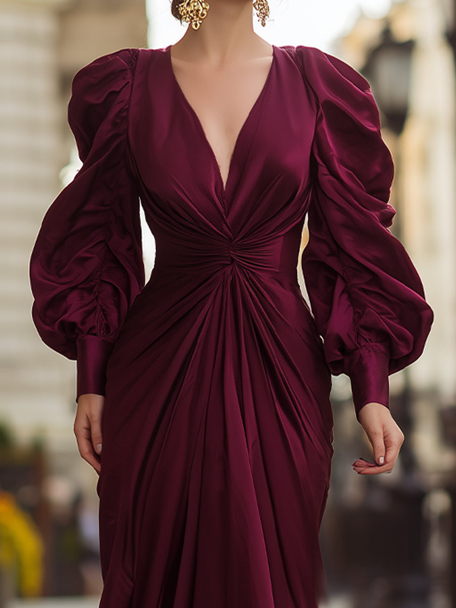 VOS LEE Burgundy Draped Gown With Statement Puff Sleeves