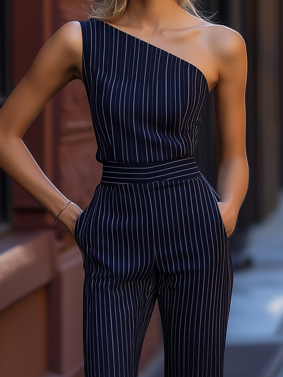 One-Shoulder Black Pinstripe Wide-Leg Jumpsuit