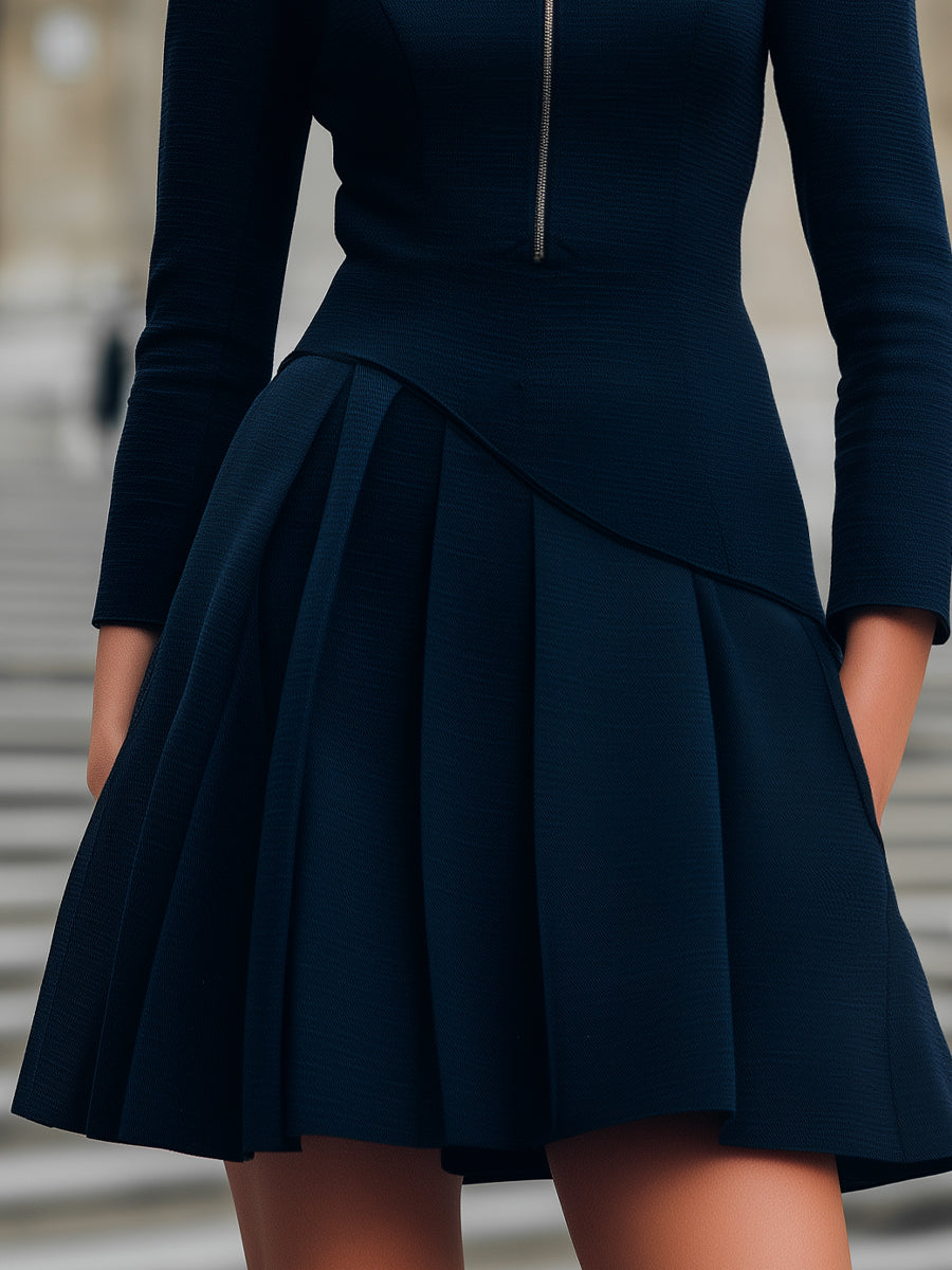 Pleated Skirt Zip-Front Mini Dress