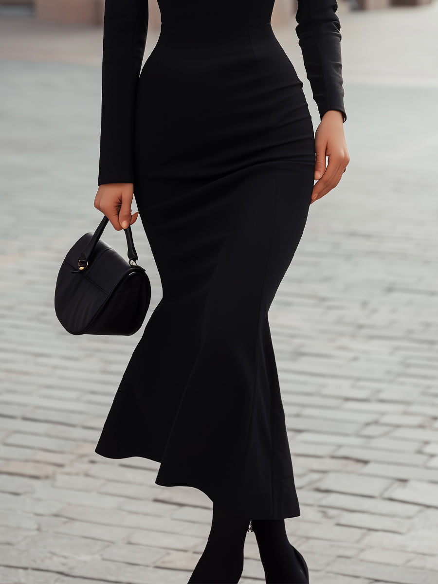 High Neck Fishtail Midi Dress With Button Accents