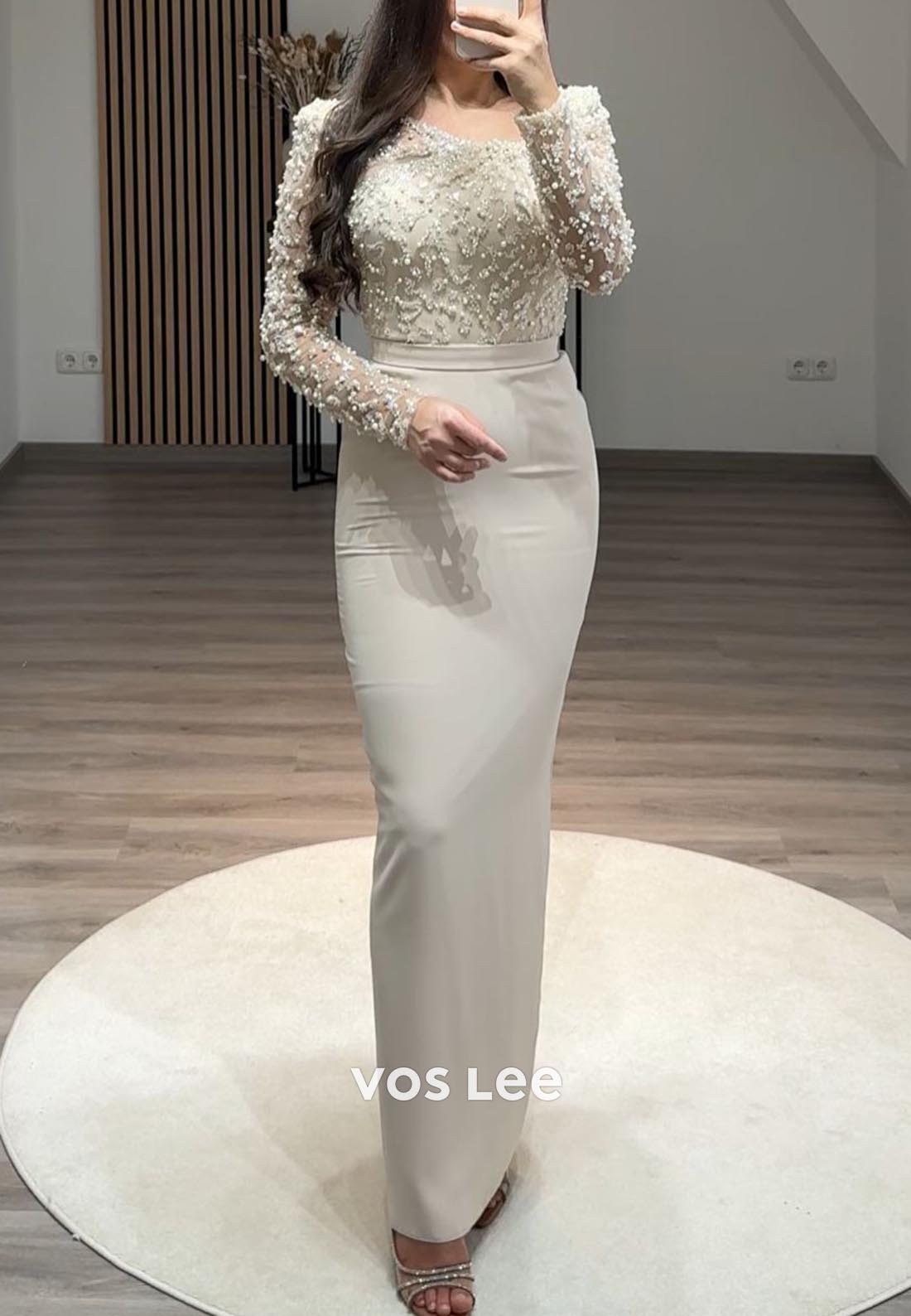 Empire Waist Long Sleeves Lace Pearl Mermaid Formal Dresses with Slit