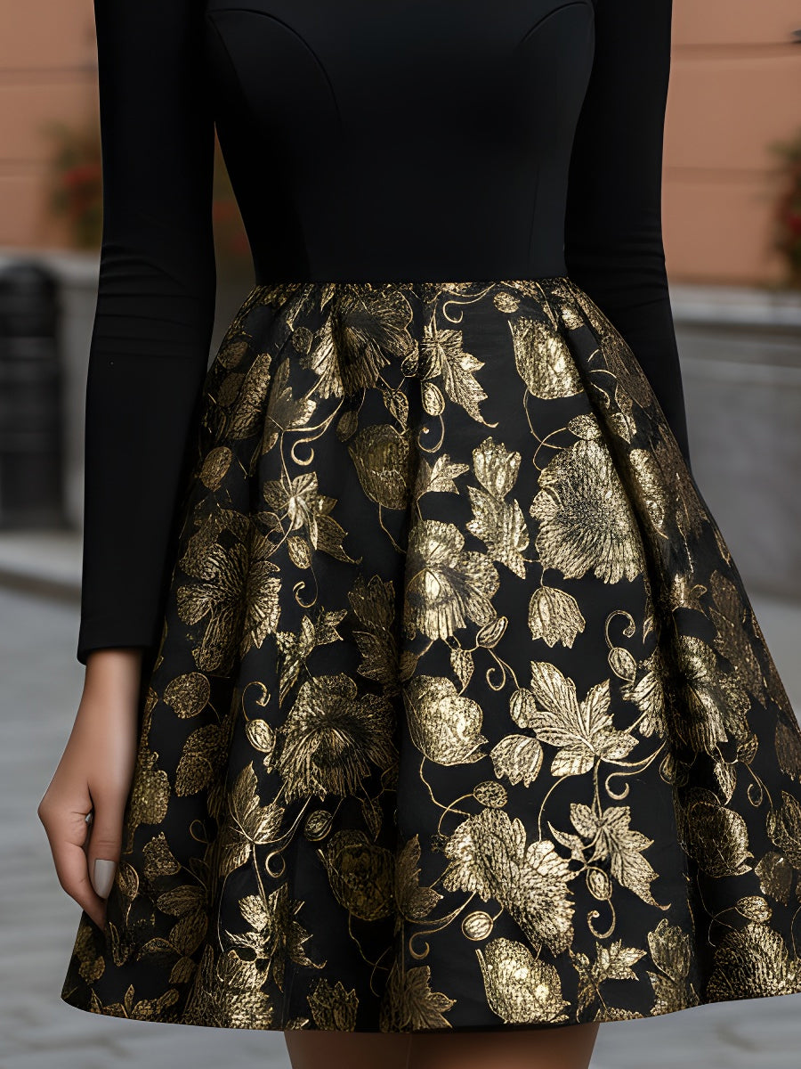 Square-Neck Dress With Gold Jacquard Skirt