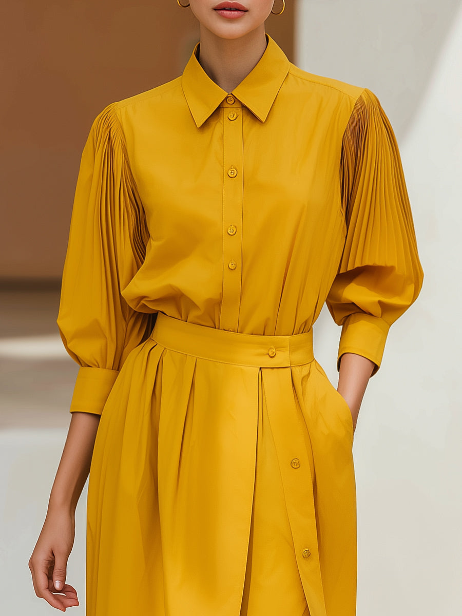 Faux-Two-Piece Skirt Pleated Sleeves Shirt Dress