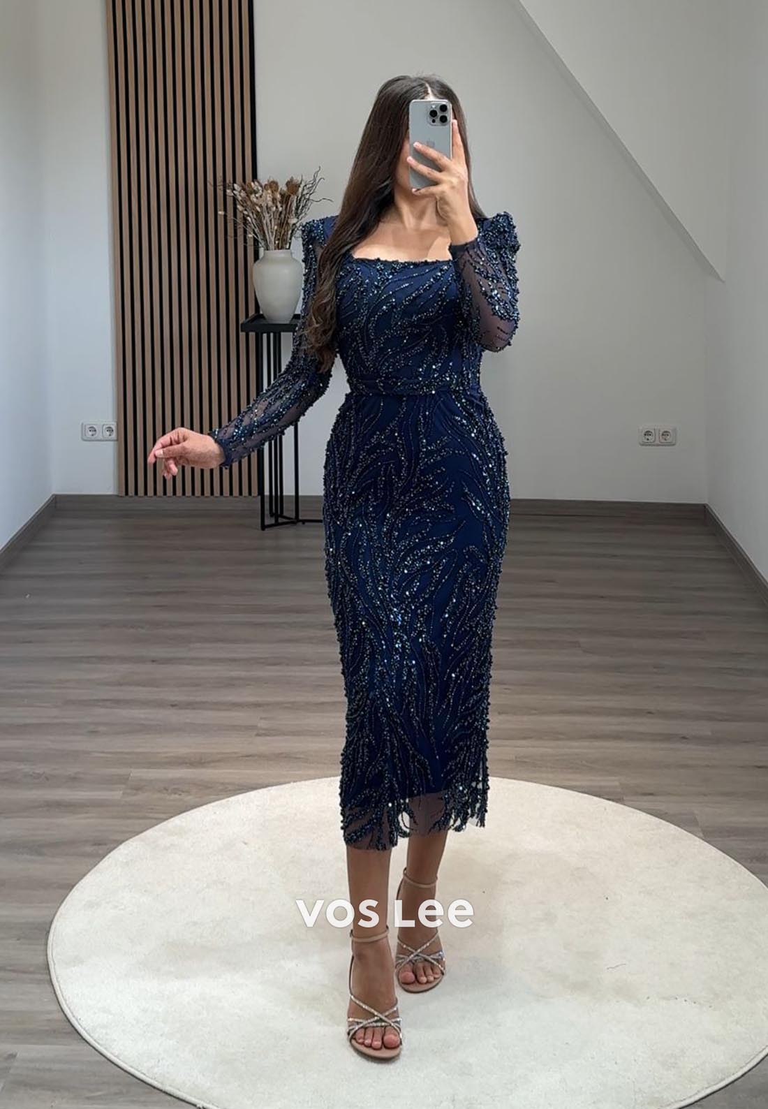 Long Sleevees Allover Lace Pearl Mermaid Midi Formal Dresses