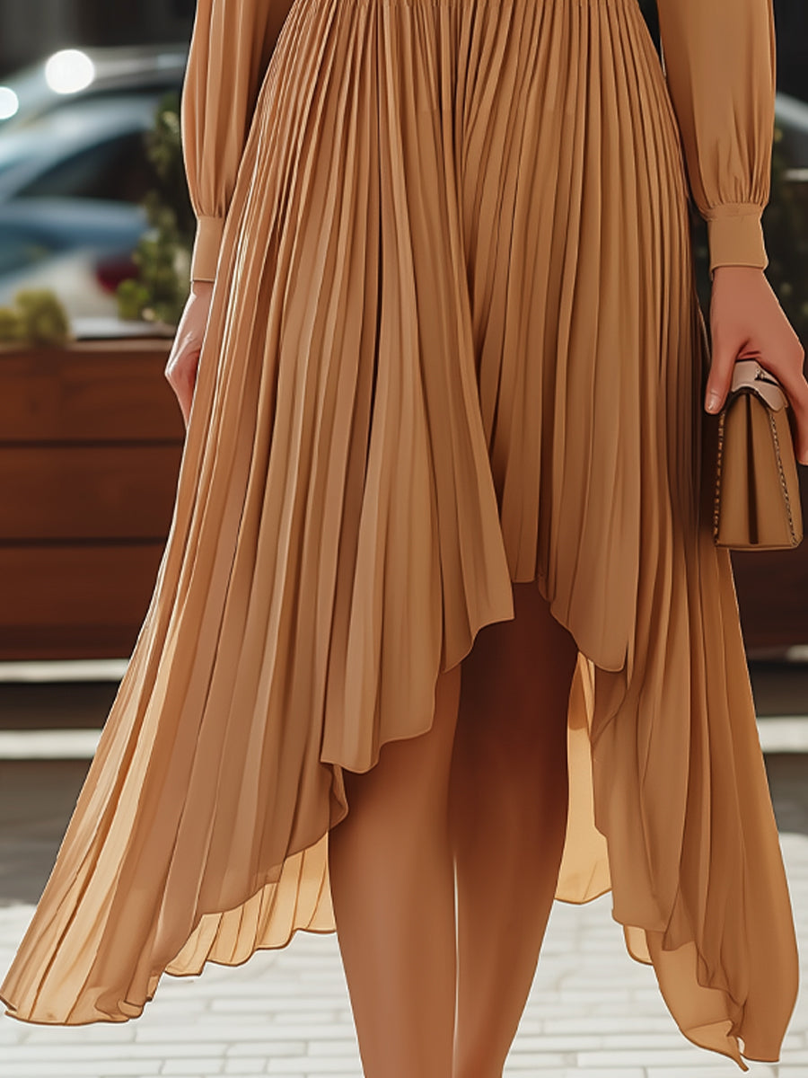 Elegant Pleated High-Low Midi Dress