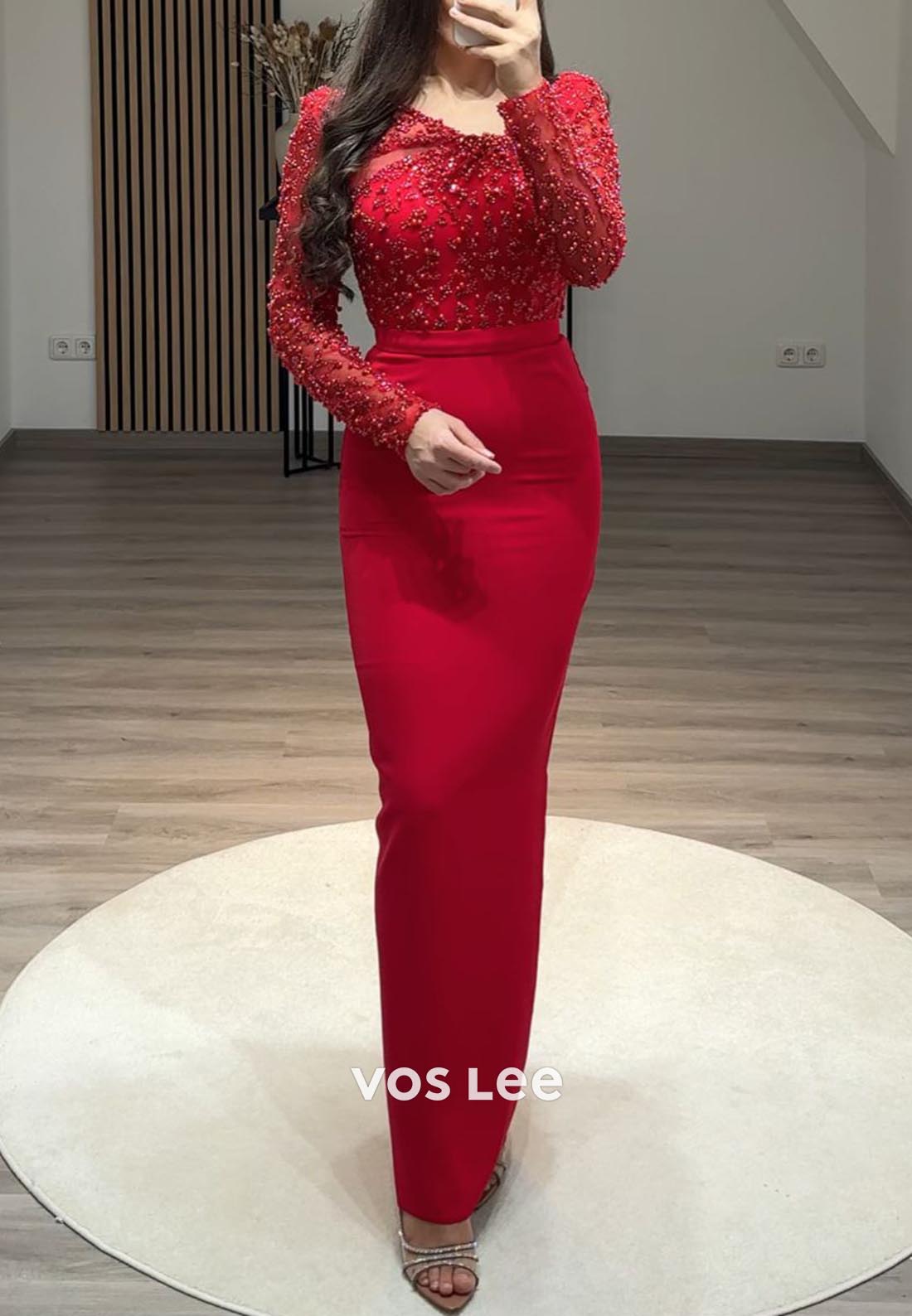 Empire Waist Long Sleeves Lace Pearl Mermaid Formal Dresses with Slit