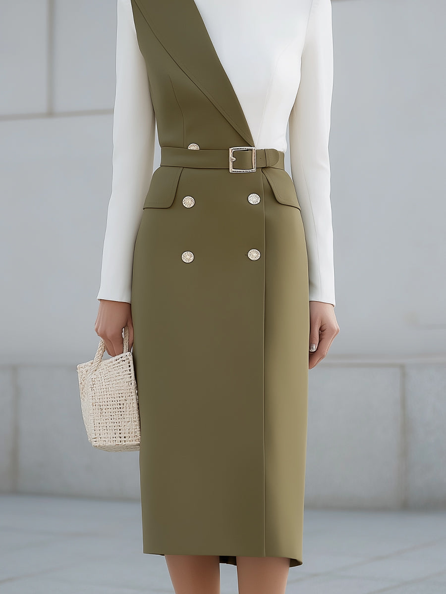 Olive Green And White Asymmetric Panel Belted Midi Dress
