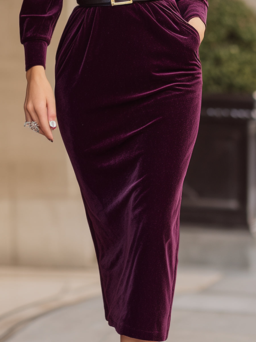 Plum Velvet Wrap Midi Dress With Belt