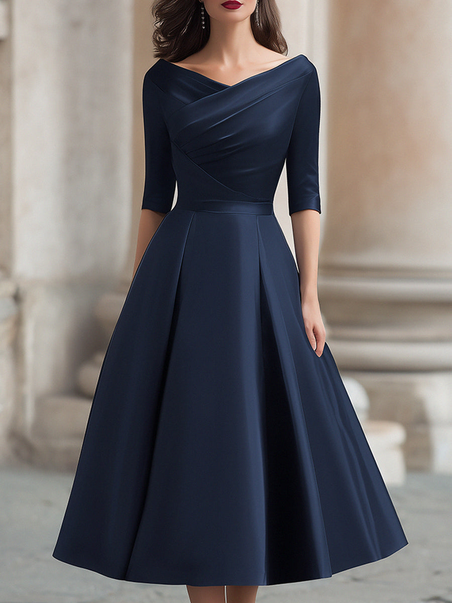 Elegant Plain Boat Collar Pleated Midi Dress VOS LEE Elegant Plain Boat Collar Pleated Midi Dress VOS LEE