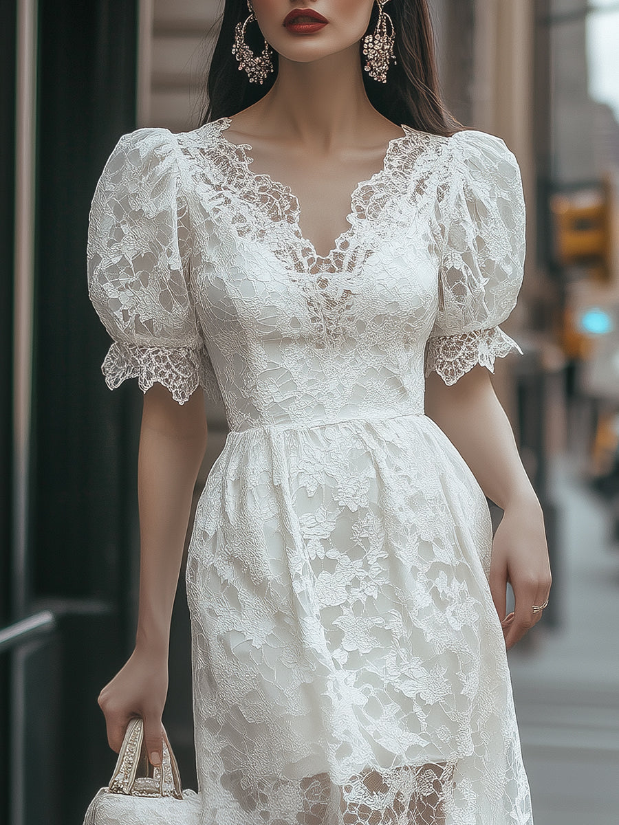 Elegant Puff Sleeve White Lace Midi Dress