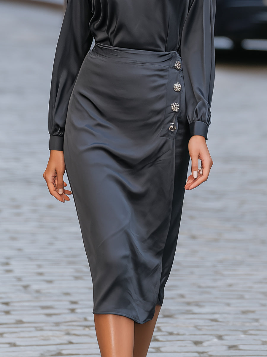 Satin Button-Detailed Blouse And Skirt Set In Charcoal Black