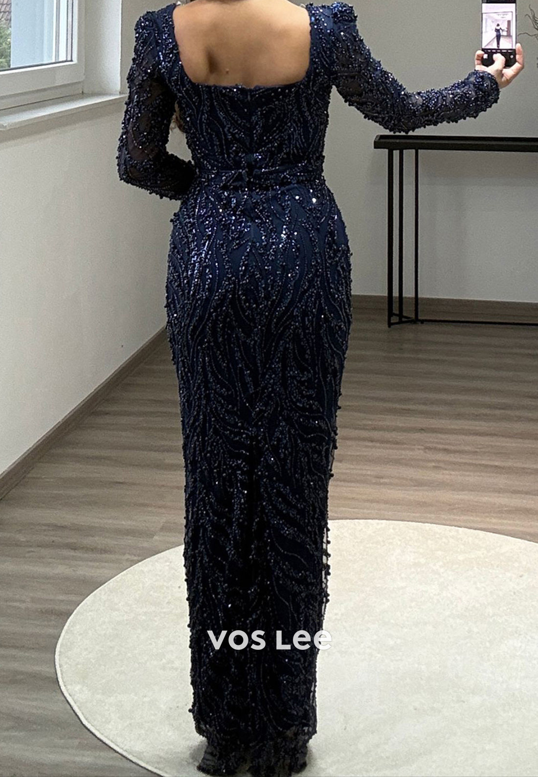 Full Beaded Square Evening Dress Long Sleeves Sheath Formal Party Gown