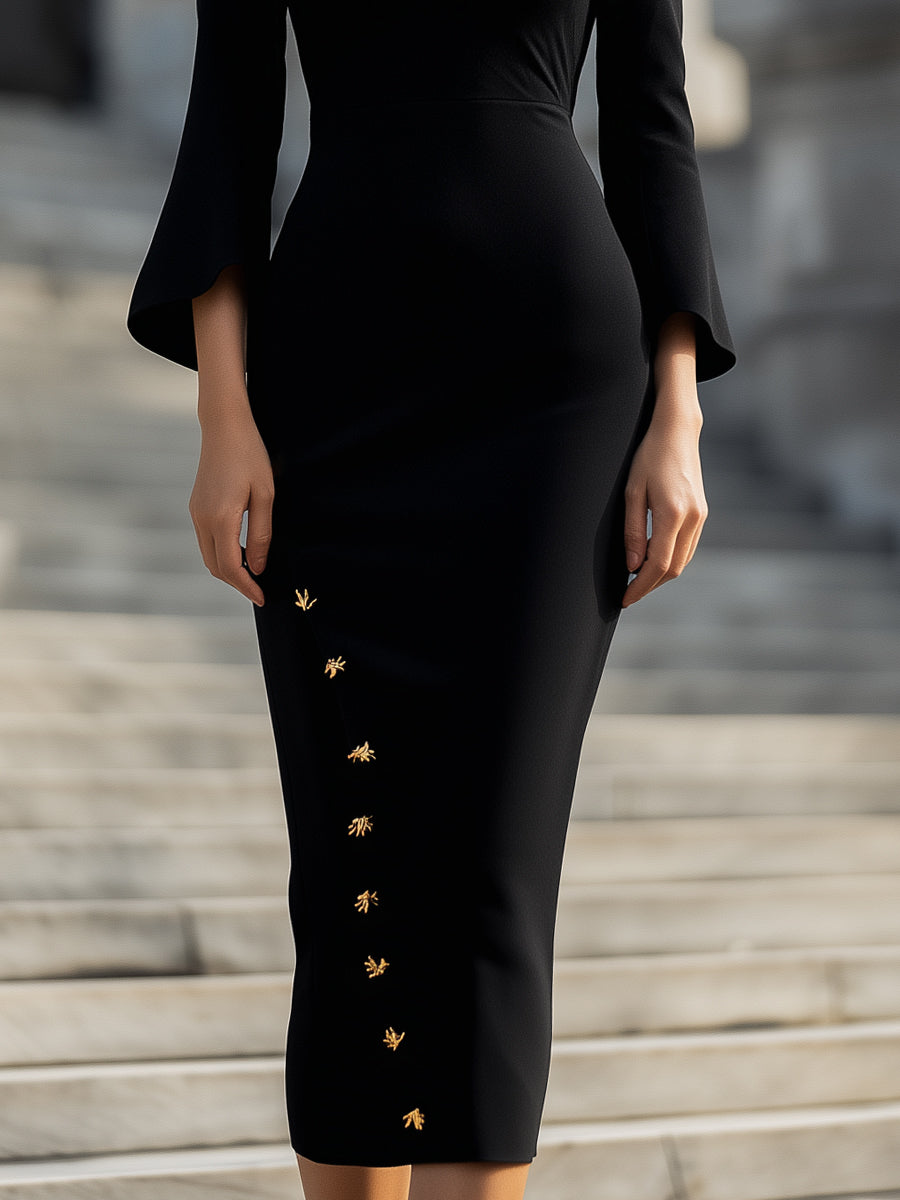 Mandarin Collar Midi Dress With Gold Embellishments