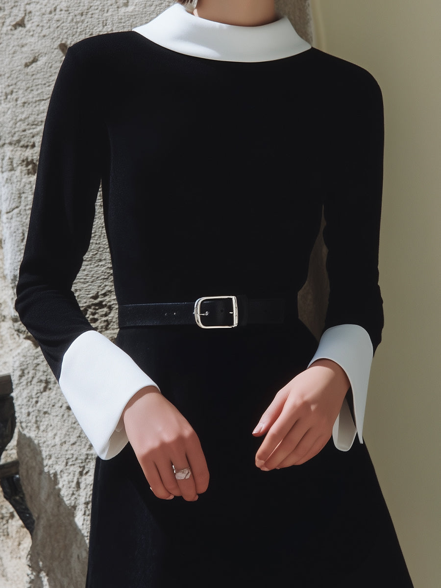 Monochrome Contrast-Cuff A-Line Dress