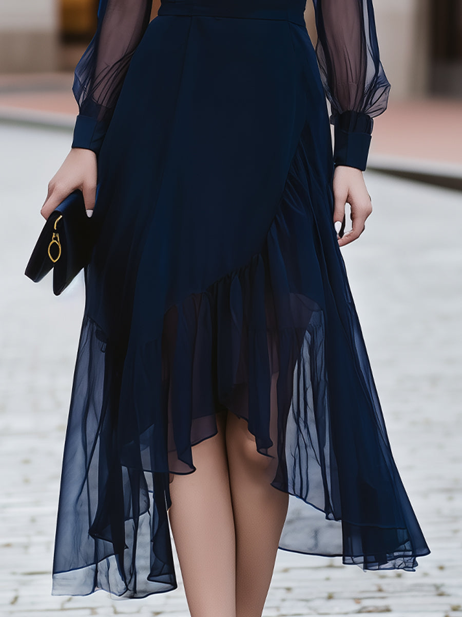 Elegant Navy Blue Sheer Sleeve Midi Dress
