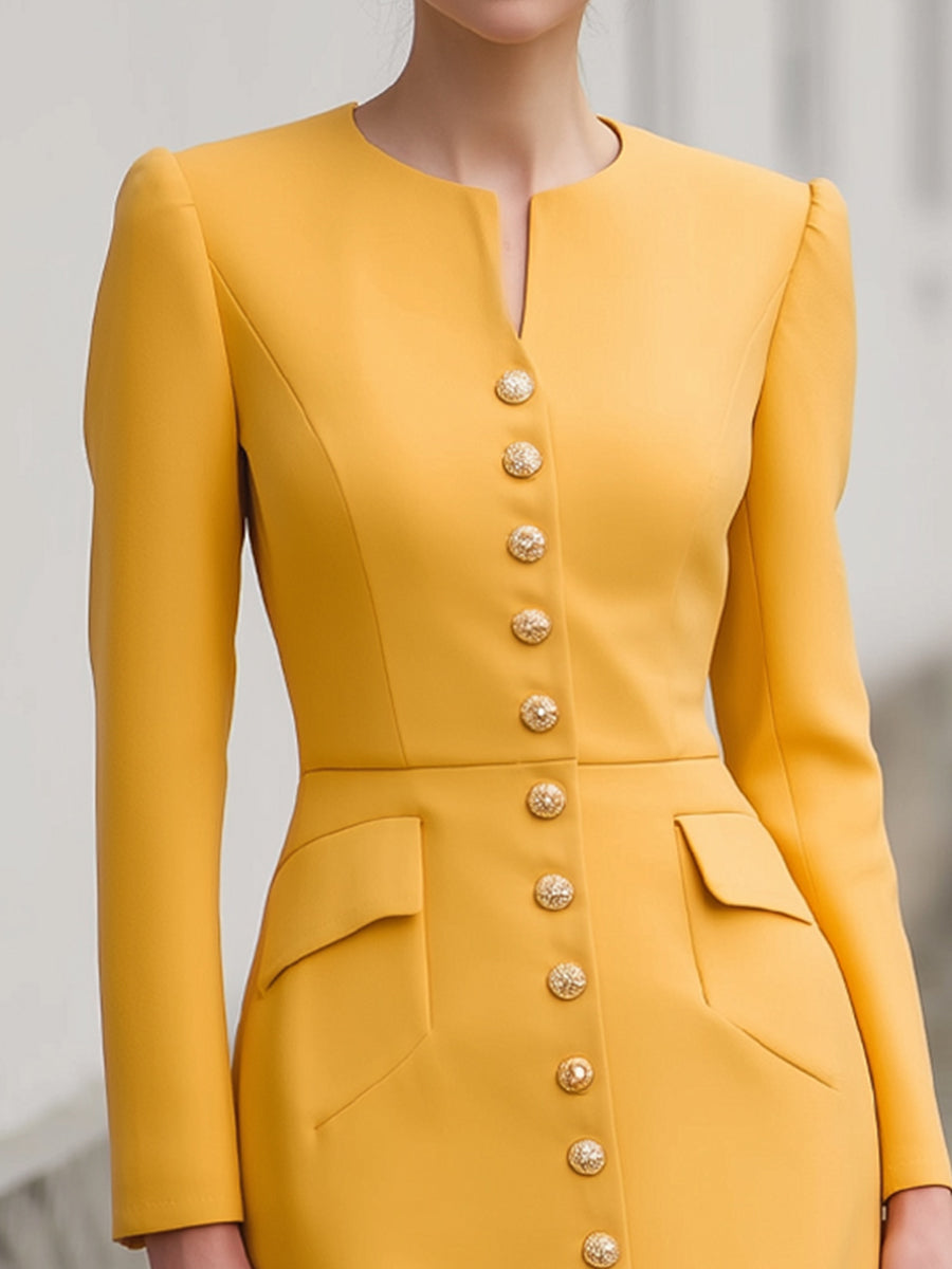 Elegant Golden Button-Front Structured Midi Dress