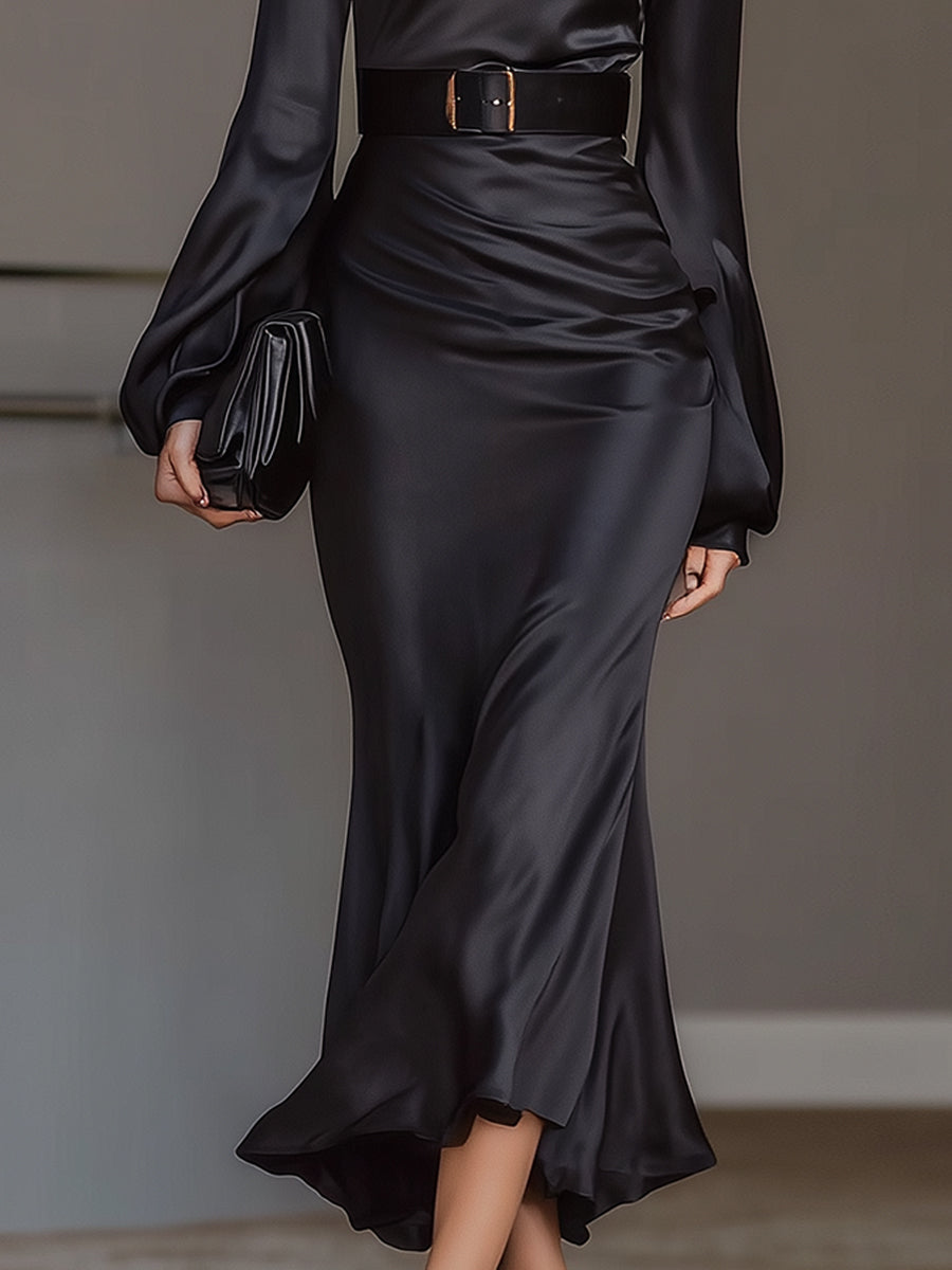 VOS LEE High-Neck Satin Midi Dress With Belted Waist