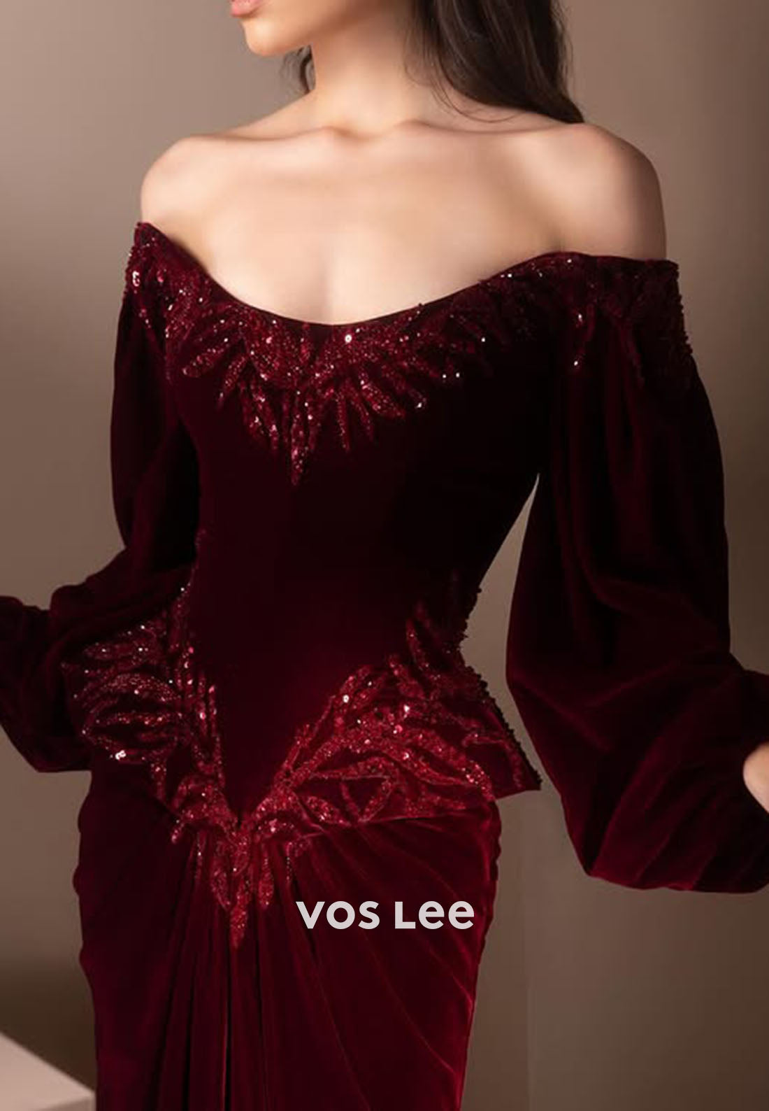 Cabernet Velvet Beading Sequins Long Sleeves Mermaid Long Formal Dress