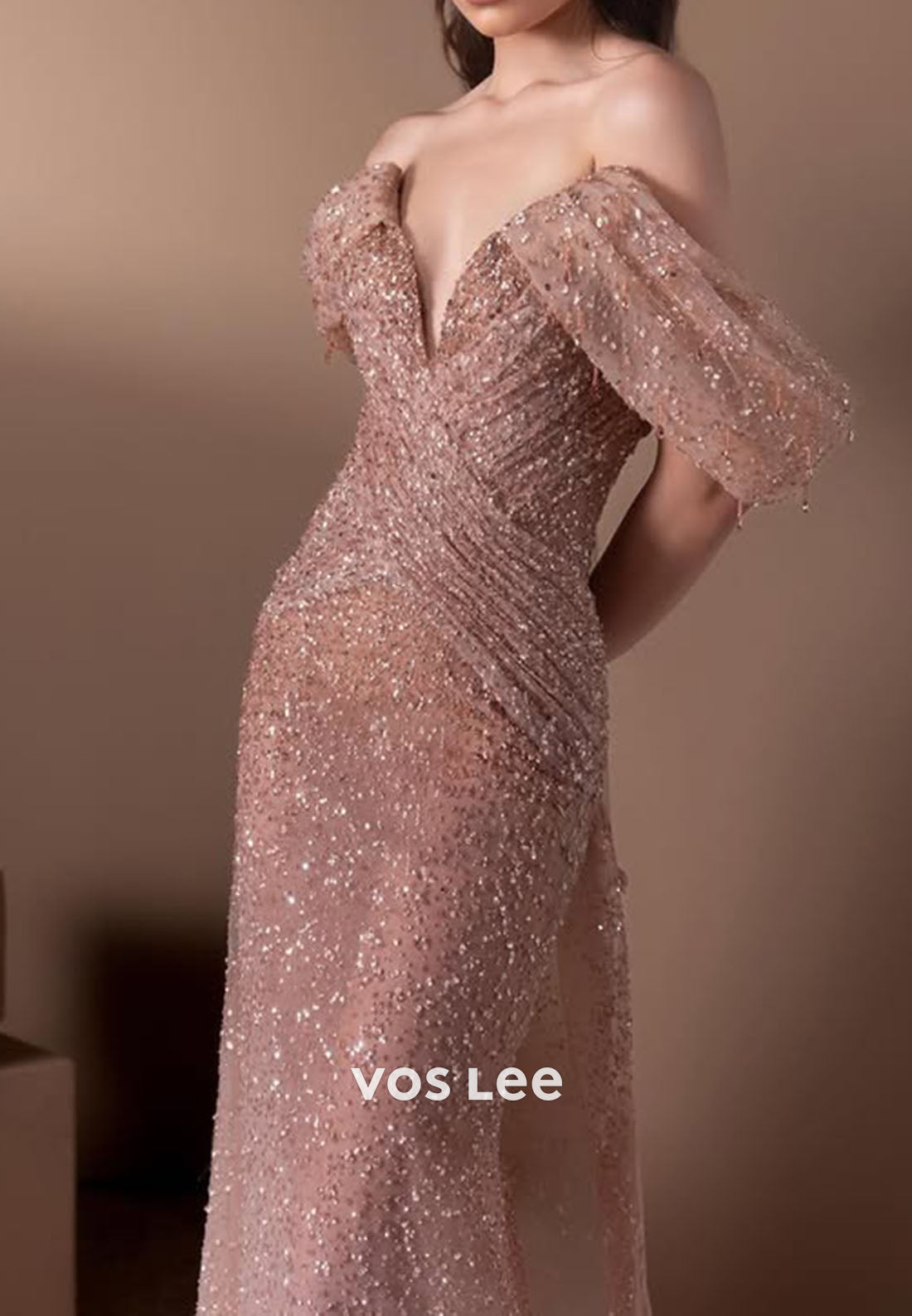 Sparkling Off the Shoulder Sequins Mermaid Floor-Length Pleat Evening Dresses Gliiter Dress