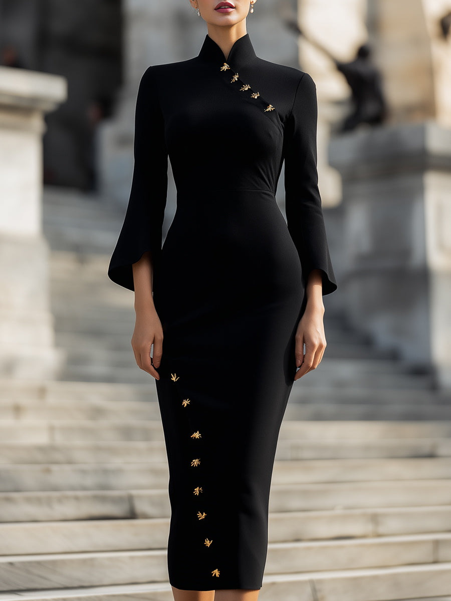 Mandarin Collar Midi Dress With Gold Embellishments