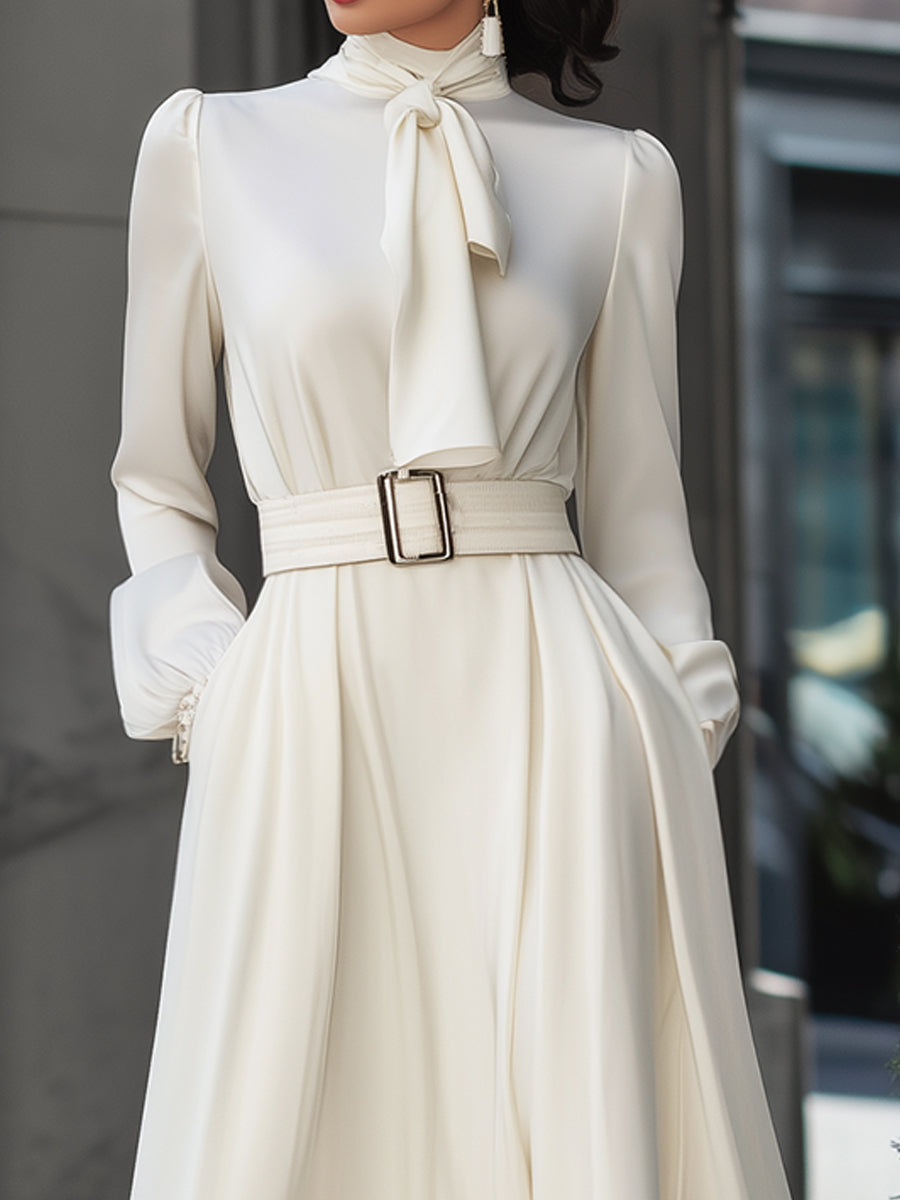 Ivory Ruffle Hem Belted Midi Dress With Bow Tie Neck
