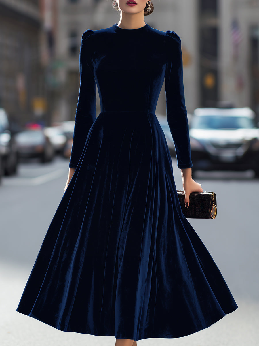 Luxurious Navy Blue Velvet Long-Sleeve Midi Dress Luxurious Navy Blue Velvet Long-Sleeve Midi Dress
