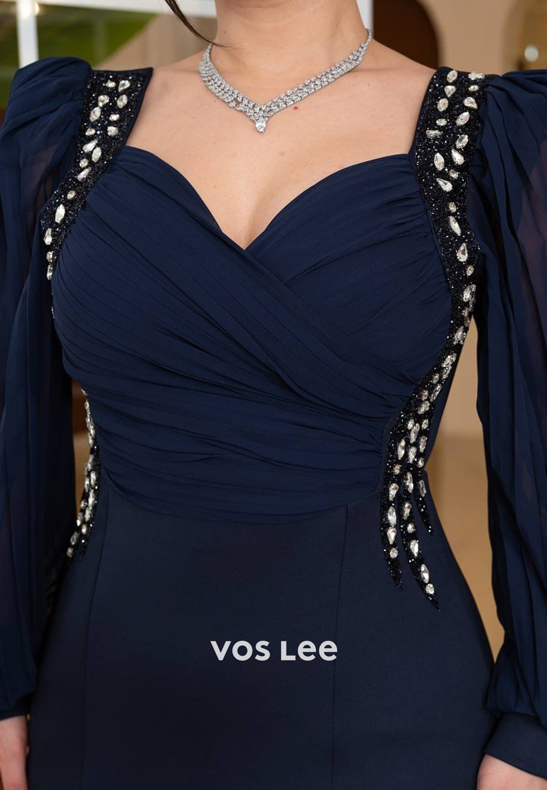 Long Sleeve Sweetheart Rhinestone Beading Embellished Mermaid Evening Dresses