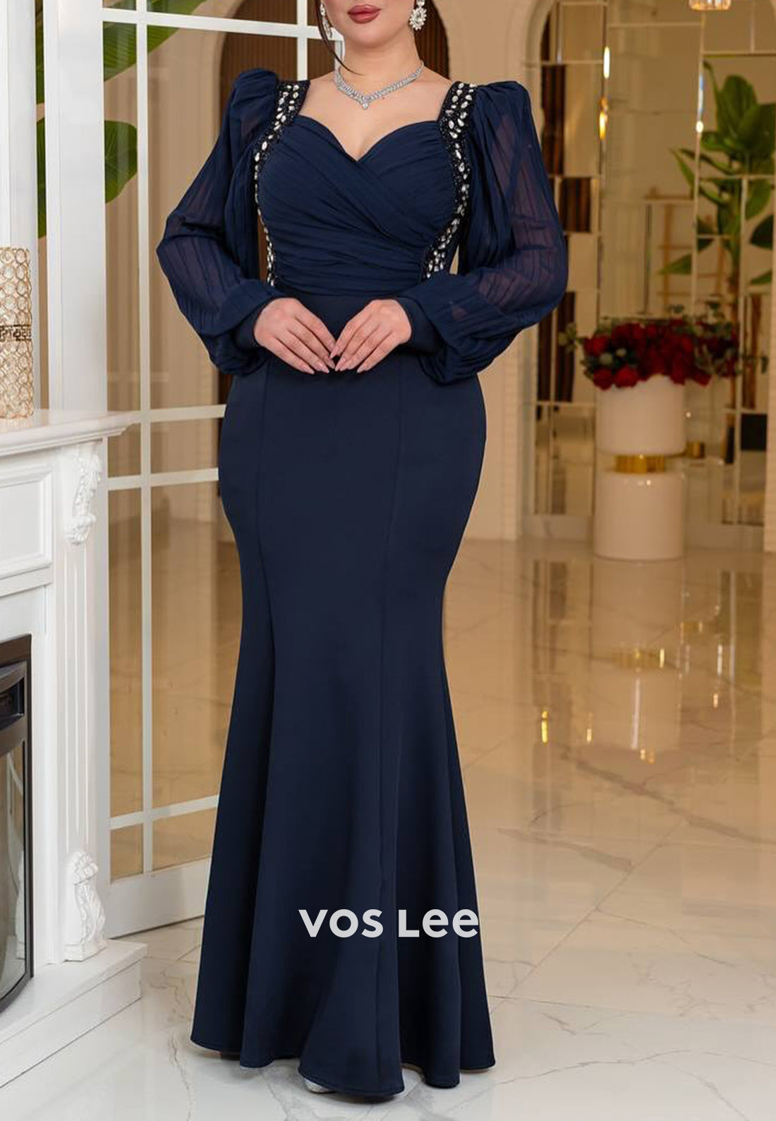 Long Sleeve Sweetheart Rhinestone Beading Embellished Mermaid Evening Dresses