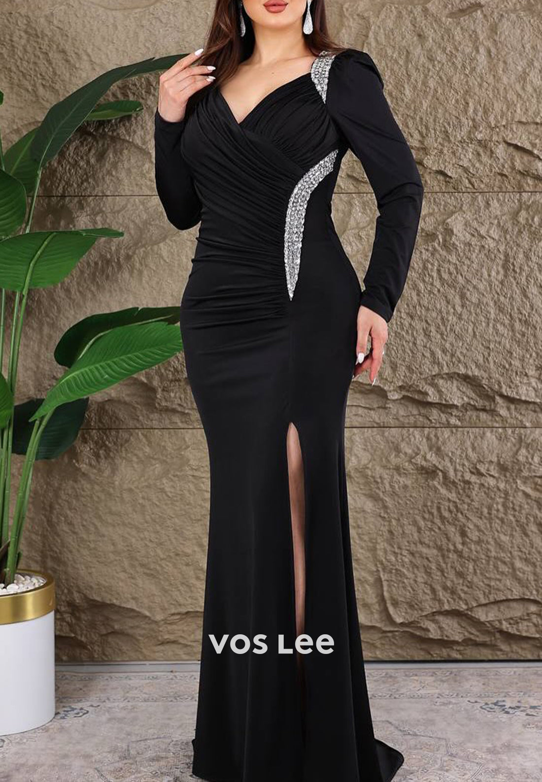 Long Sleeve V Neck Rhinestone Embellished Pleated Evening Dresses with High Split