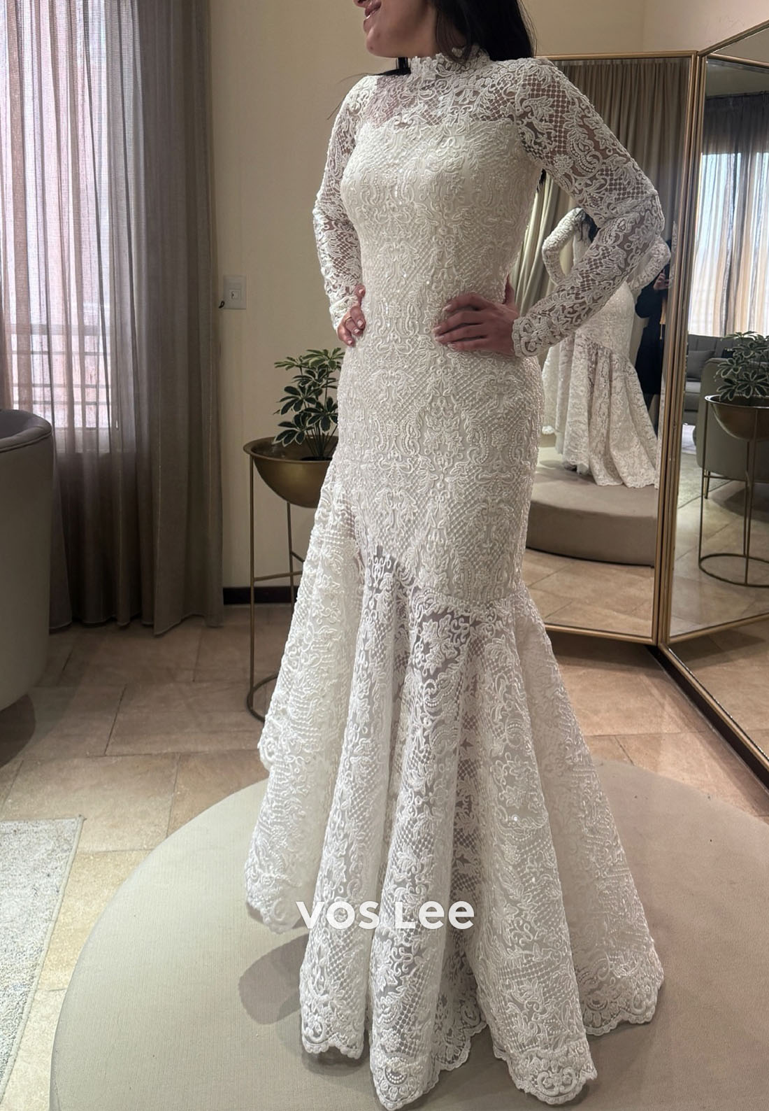 High Neck Lace Mermaid Wedding Dress Long Sleeve Intricate Bridal Gown