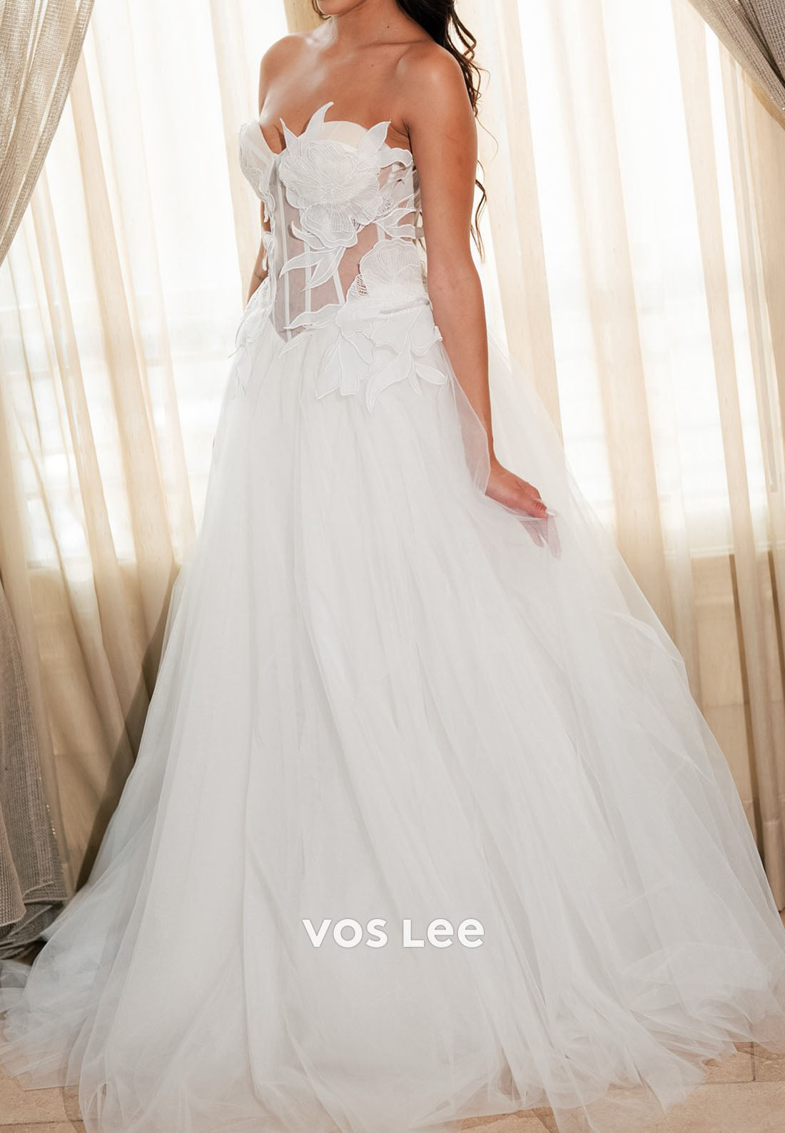 A-Line Strapless Floral Tulle Wedding Dress Sheer Corset Bridal Gown