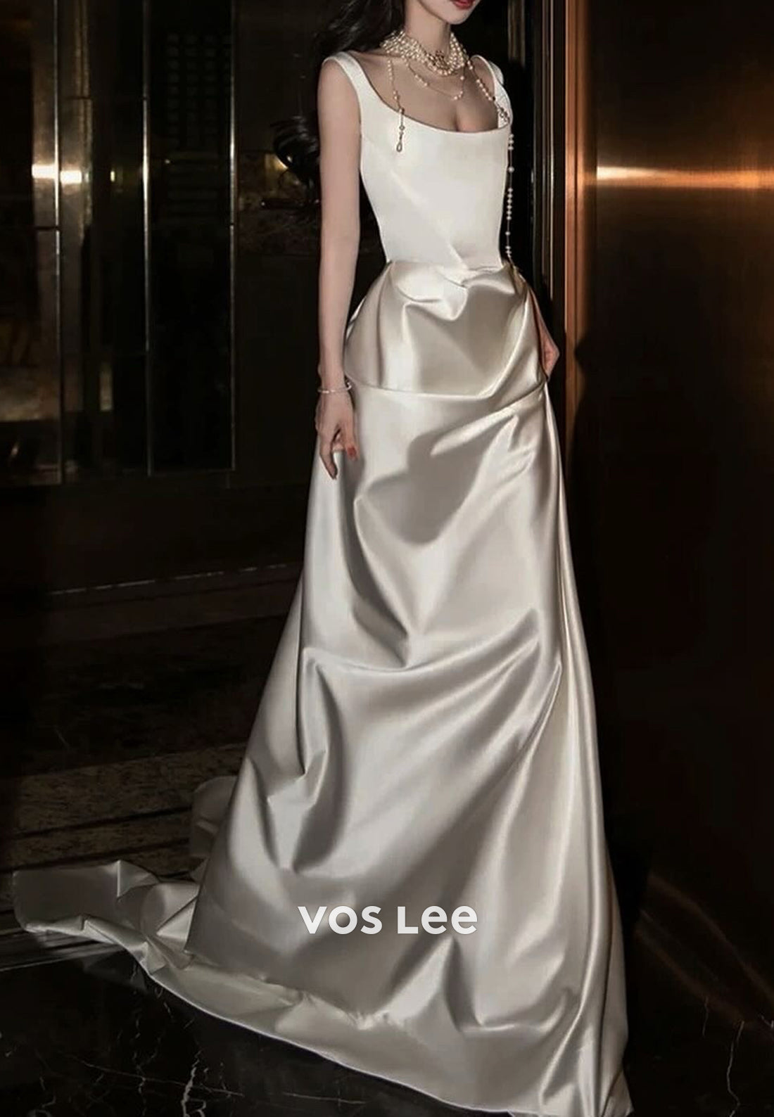 Classic & Timeless A-Line Strap Scoop Pleated Evening Dresses with Sweep Train