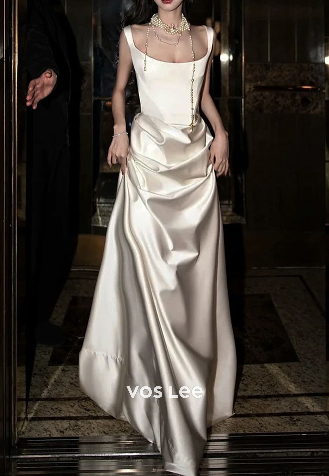 Classic & Timeless A-Line Strap Scoop Pleated Evening Dresses with Sweep Train