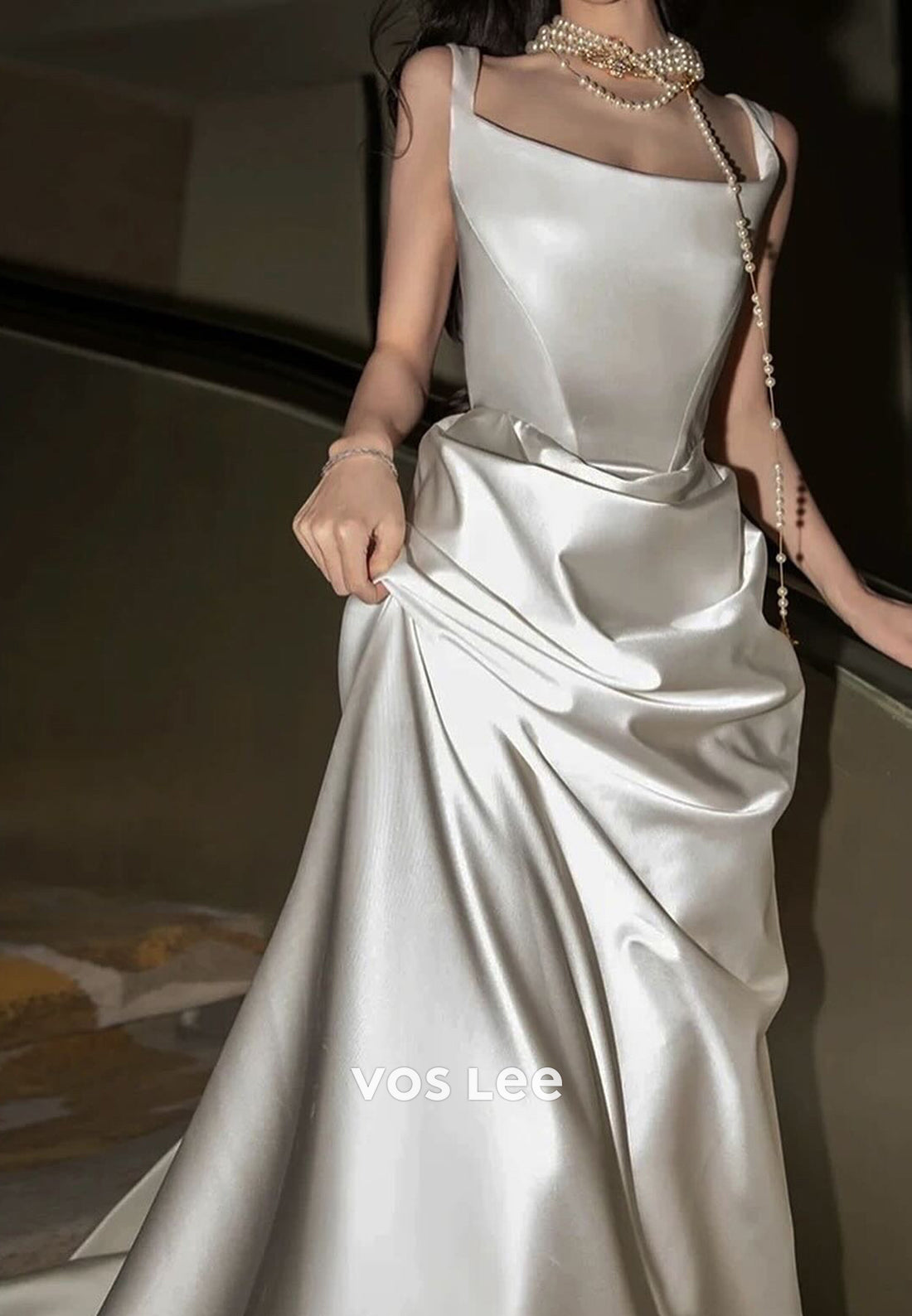 Classic & Timeless A-Line Strap Scoop Pleated Evening Dresses with Sweep Train