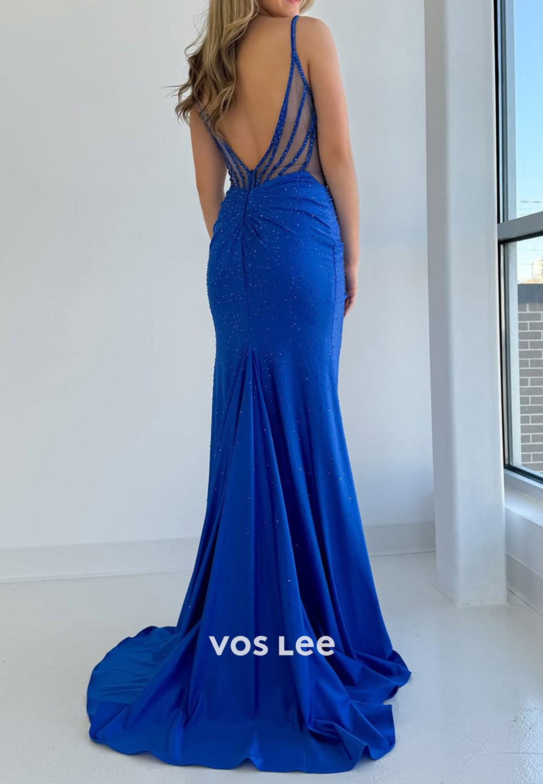 Sexy Royal Blue Spaghetti Straps CutOut Trumpet Slit Evening Dress Prom Gown