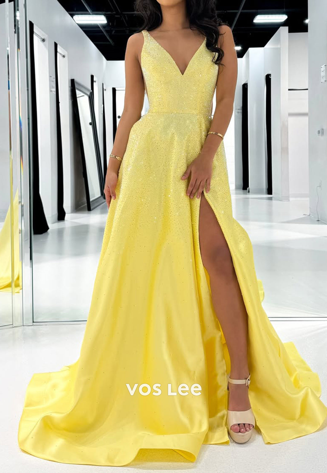 Yellow Simple Straps V-Neck A-Line with Slit Satin Evening Dress Prom Gown
