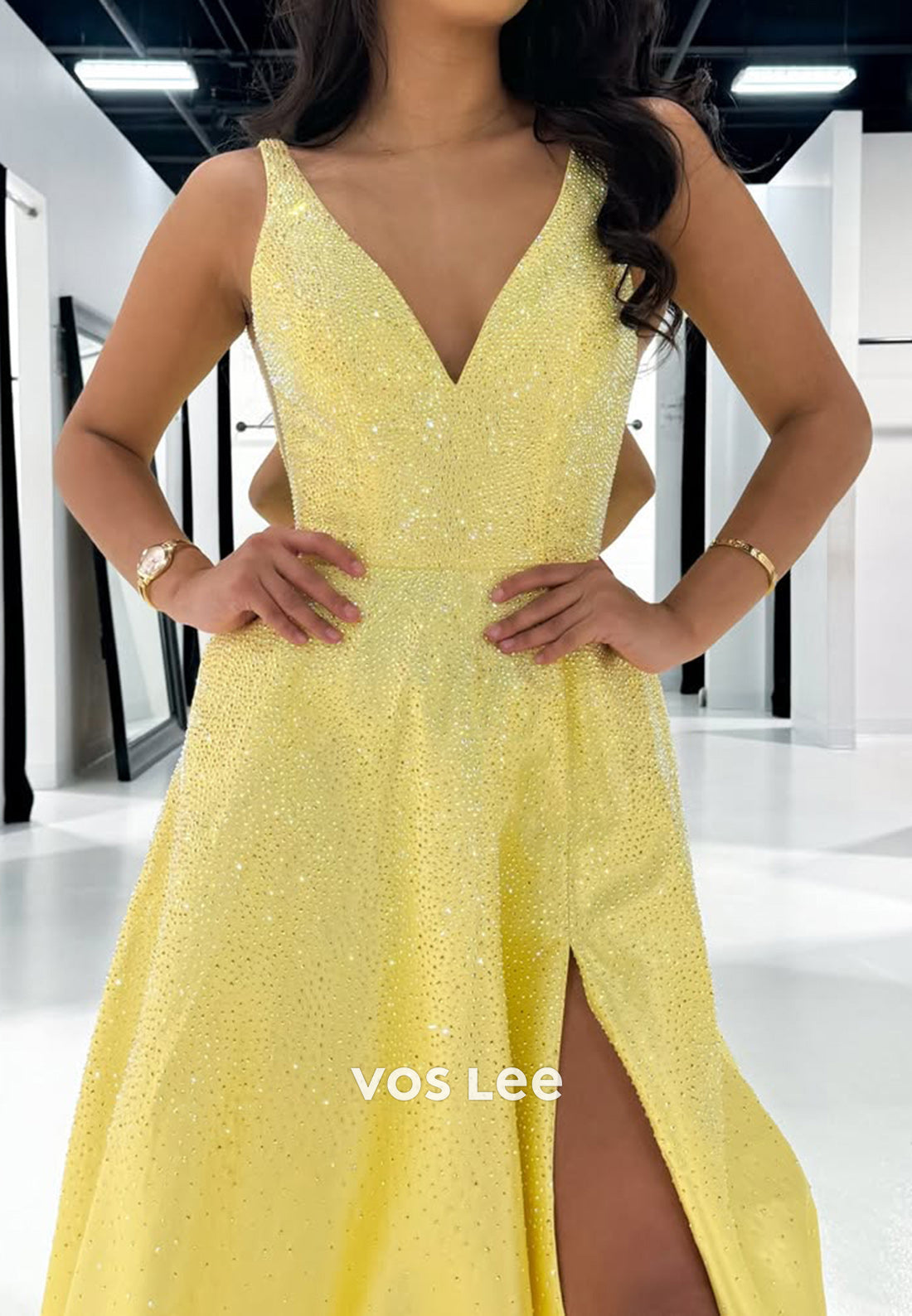 Yellow Simple Straps V-Neck A-Line with Slit Satin Evening Dress Prom Gown