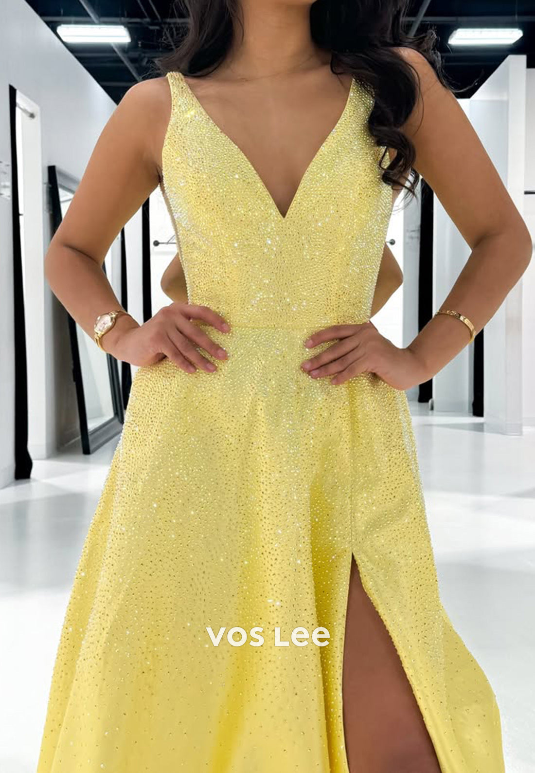 Yellow Simple Straps V-Neck A-Line with Slit Satin Evening Dress Prom Gown
