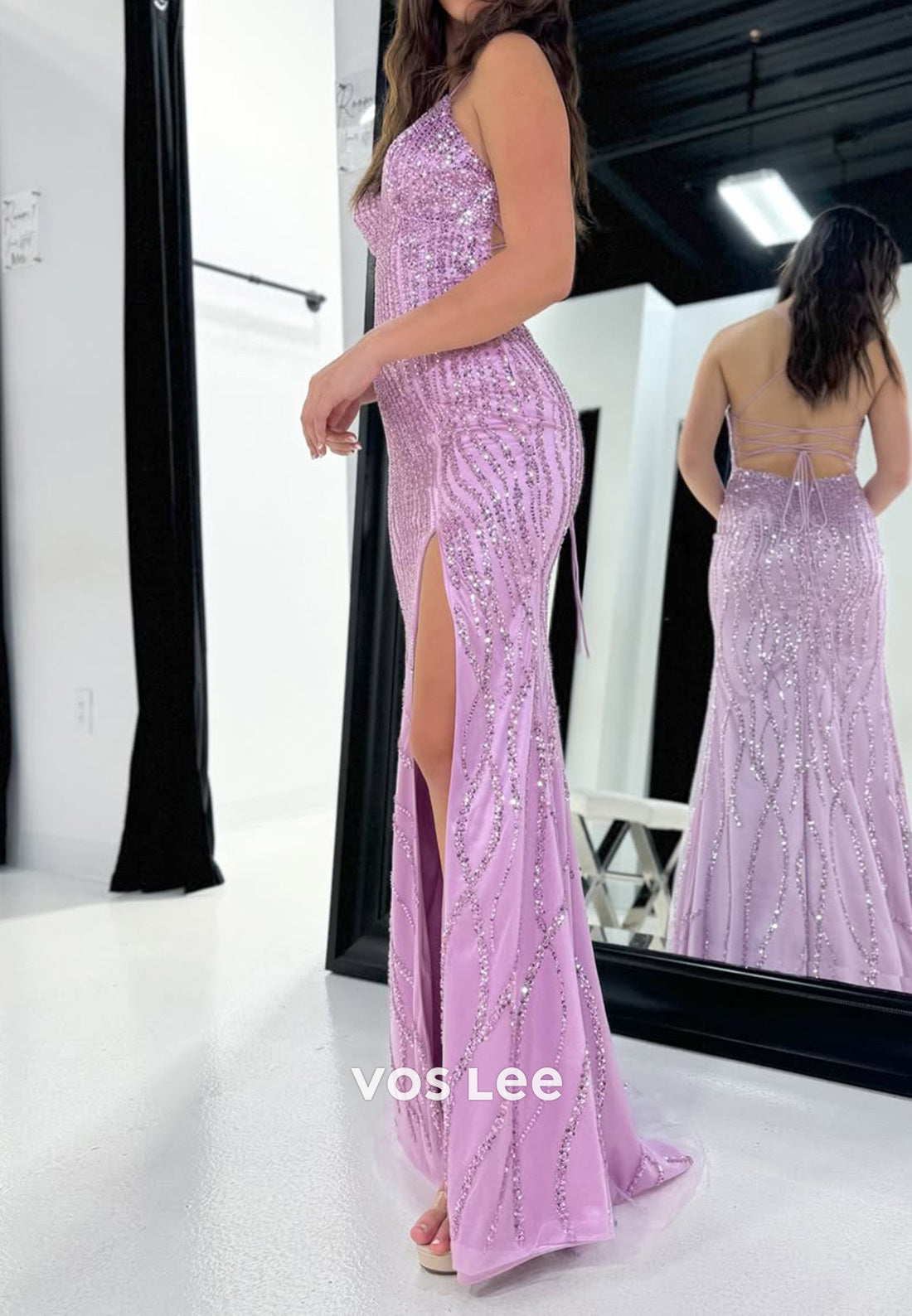 Solid Lilac Sequined Sheath with Slit Formal Evening Dress Prom Party Gown